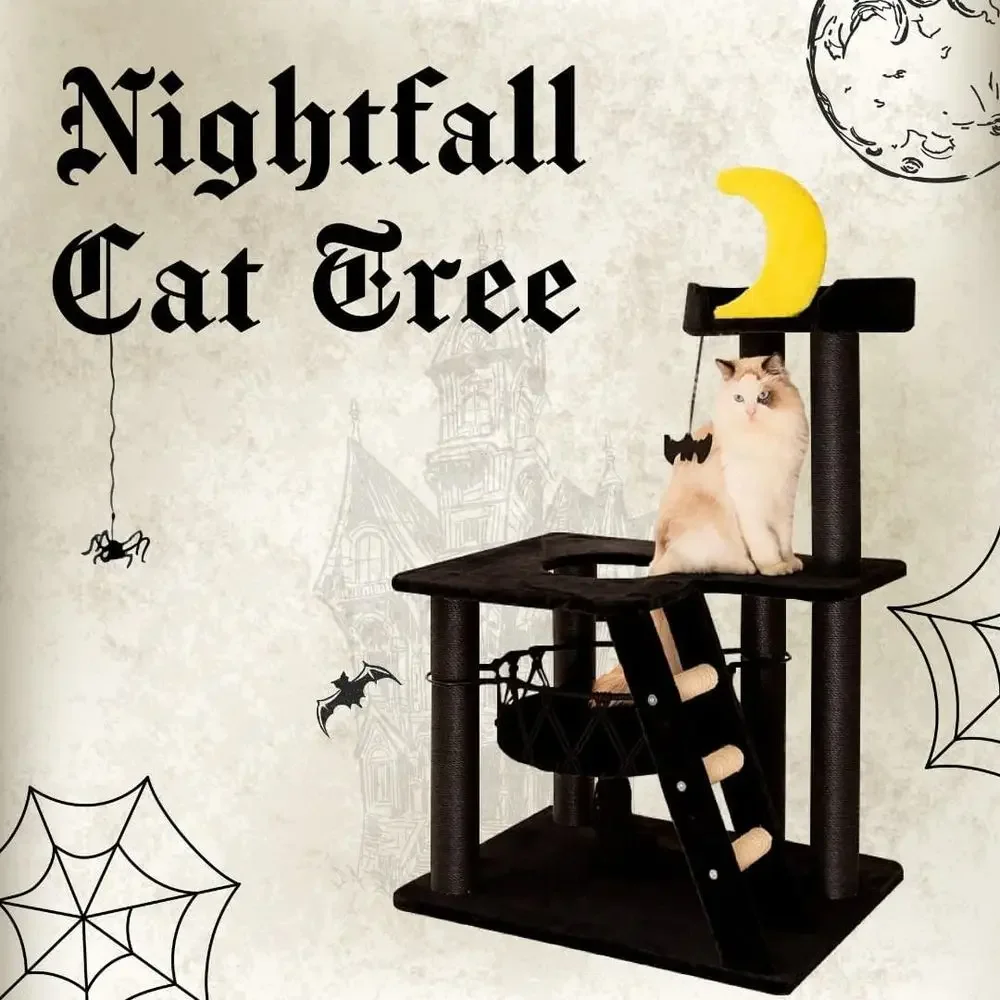 Gothic-Style Cat Tree with Private Basket Bed, Sisal Scratch Post, Climbing Ladder, and Hanging Bat Toy for Multi-Level Play