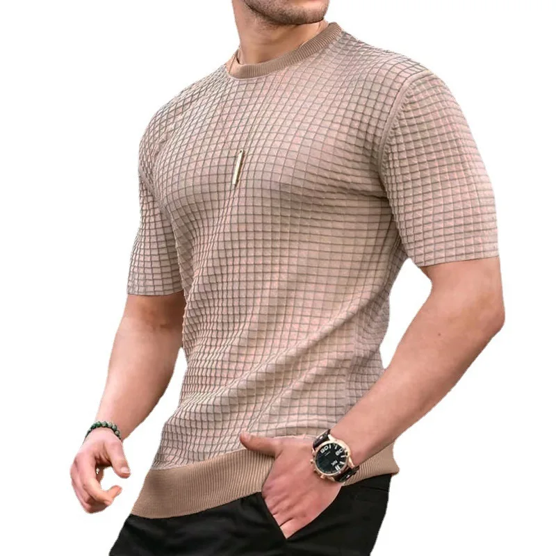 Mens Summer Small Square  Round Neck Casual European Size T-shirt