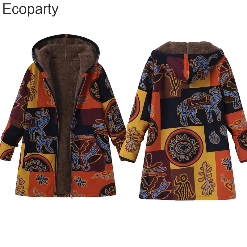 

2023 Women's Retro Autumn Winter Coat Bohemian Printed Padded Hooded Jacket Casual Loose Long Sleeved Plush Warm Outwear 5xl
