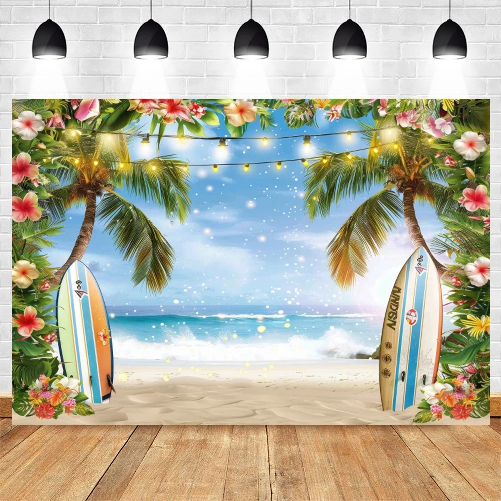 Summer Hawaii Beach Party Decor Backdrop Seaside Sea Tropical Flowers Surfboard Flamingo Birthday Party Photo Background Banner