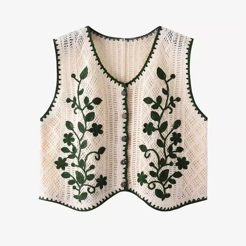 

Flower Embroidery Crochet Waistcoat Top Sleeveless Button Front Vest Cardigan Women Spring Summer Vintage Fairycore Cottagecore