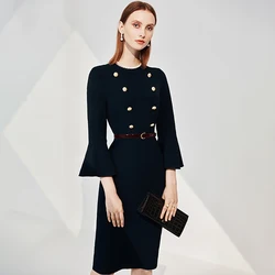 High End French Dress Women's Dress Autumn Winter New Style Temperament Retro Horn Sleeve Professional Slim Dress