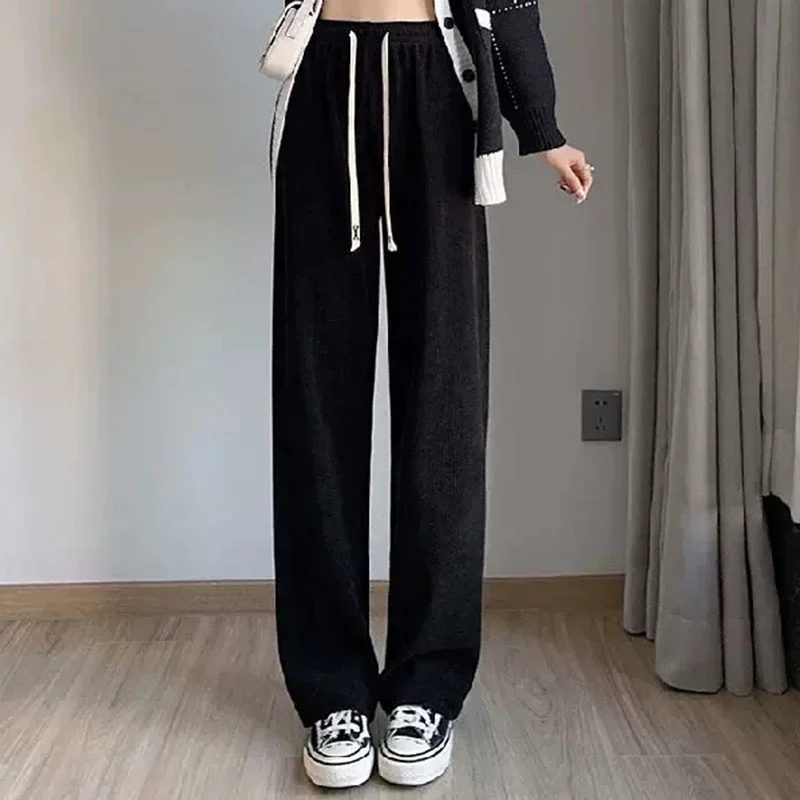 بنطلون بساق مستقيمة للنساء ، بنطلون طويل أحادي اللون ، بنطلون حراري قطيفة للسيدات ، ساق واسعة ، أوقات ترفيهية موجزة يومية ، نسخة كورية ، الخريف والشتاء ،