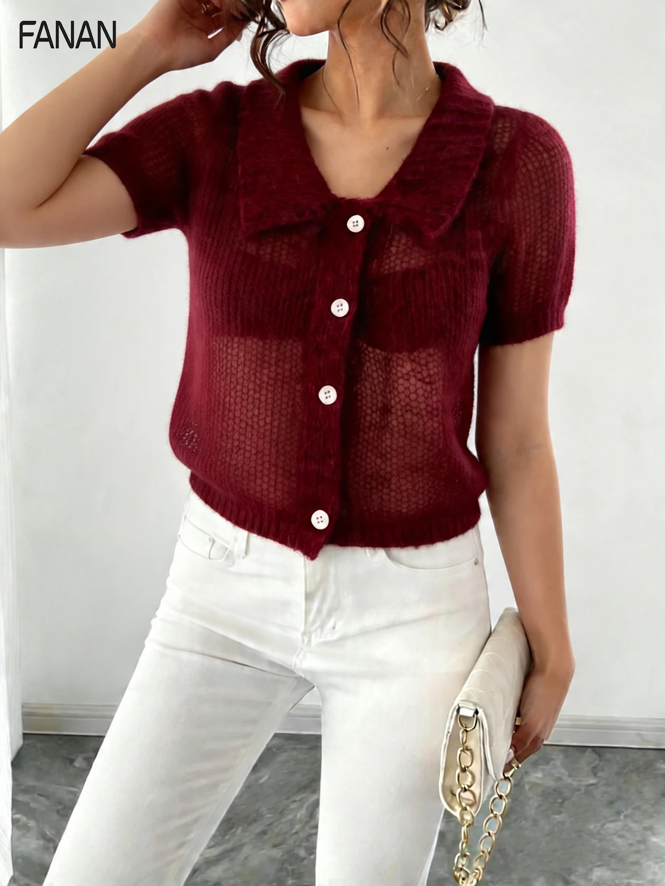 

New Autumn, Spring, and Summer Cardigan Sweater for Women, Burgundy Fitted Lapel Knit Cardigan, Casual and Elegant for Commuting, Versatile for the City, Fashionable for Vacation and Festivals, Instagram Style, Date Gift