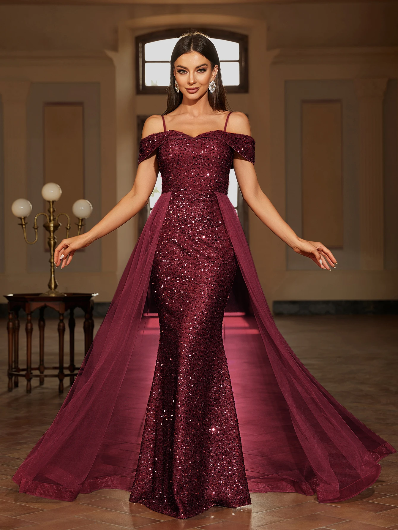 

Бордовое сетчатое платье с открытыми плечами для семейных встреч, вечеринок по случаю дня рождения, элегантное и модное платье, женское длинное платье, праздничное платье, новое платье, женское вечернее платье, платье для выступления, платье для выпускног