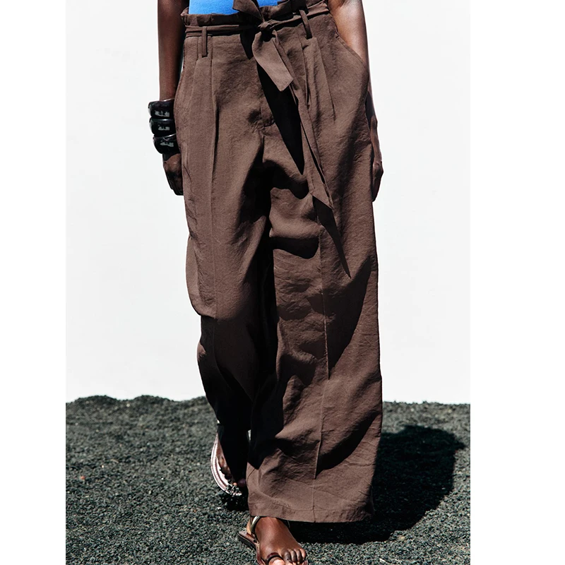 

2025 женские коричневые широкие брюки с поясом, винтажные повседневные брюки с высокой талией и передними карманами, pantalones de mujer