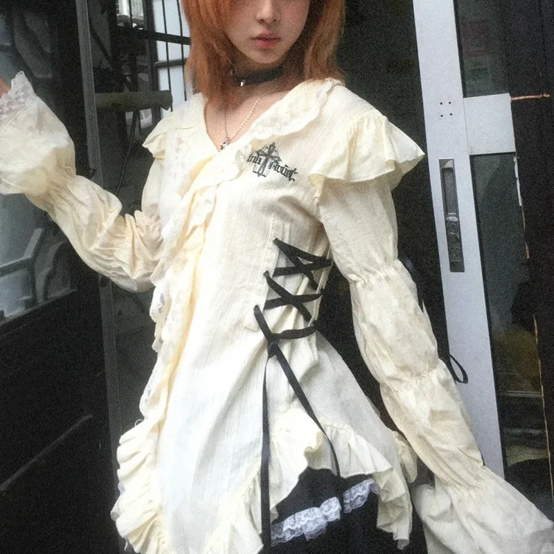 Karrcat Y2k Vintage Lace Shirts Women Gothic Aesthetic Goth Bandage Blouse Harajuku Fairycore 2000s Lolita V Neck Tops Japanese