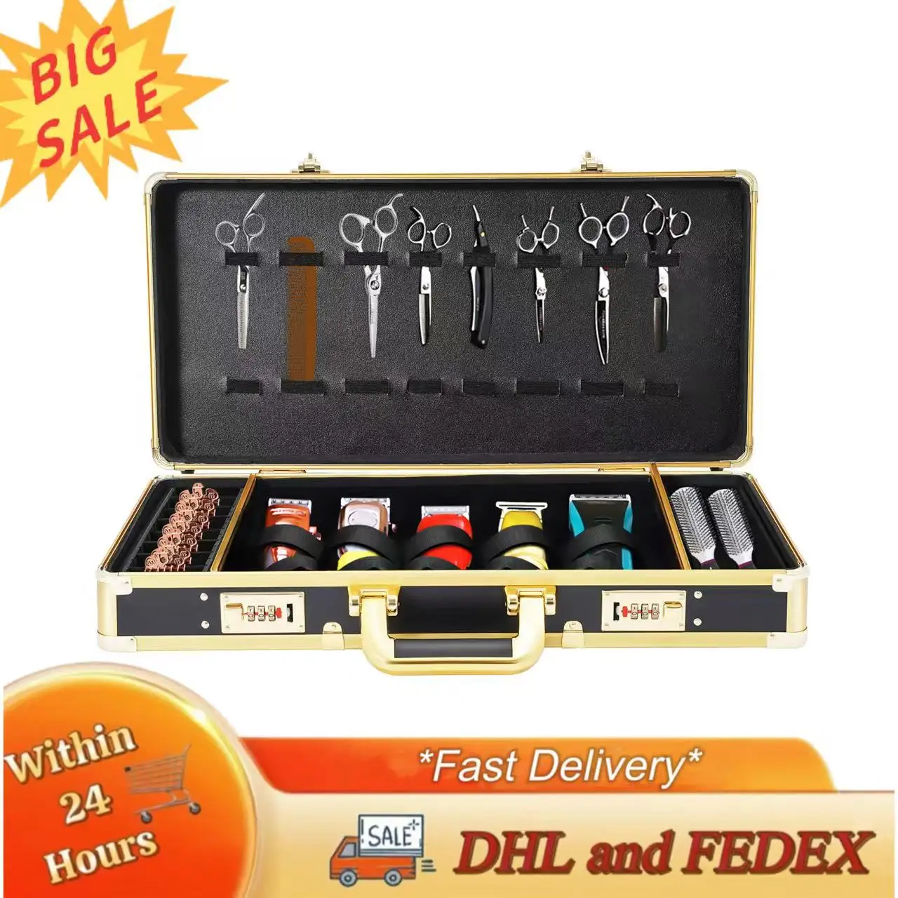 

Rectangular Golden Barber Carrying Case with Fashionable Appearance Multiple Rivets Hair Stylists Pet Groomers Travel Bag