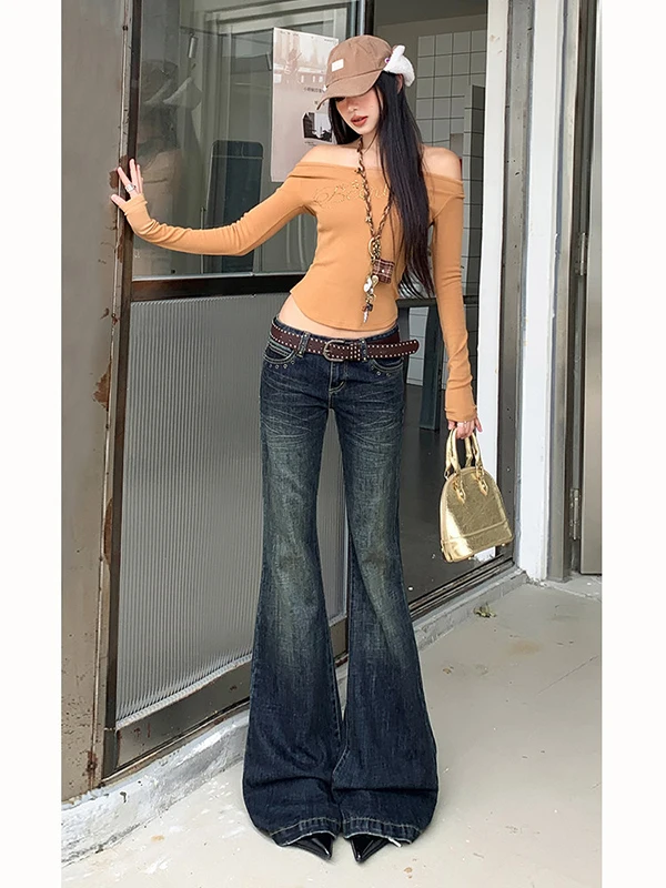 

Ретро-джинсы расклешенные женские, осенне-зимние, новые, облегающие, не-леггинсы, длиной в пол, с низкой посадкой, с заклепками