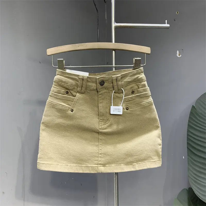 Khaki High Waist Denim Skirt For Women Anti Exposure Bodycon A Line Skirts Vintage Casual Petite Slim Fit Daily Short Skirt