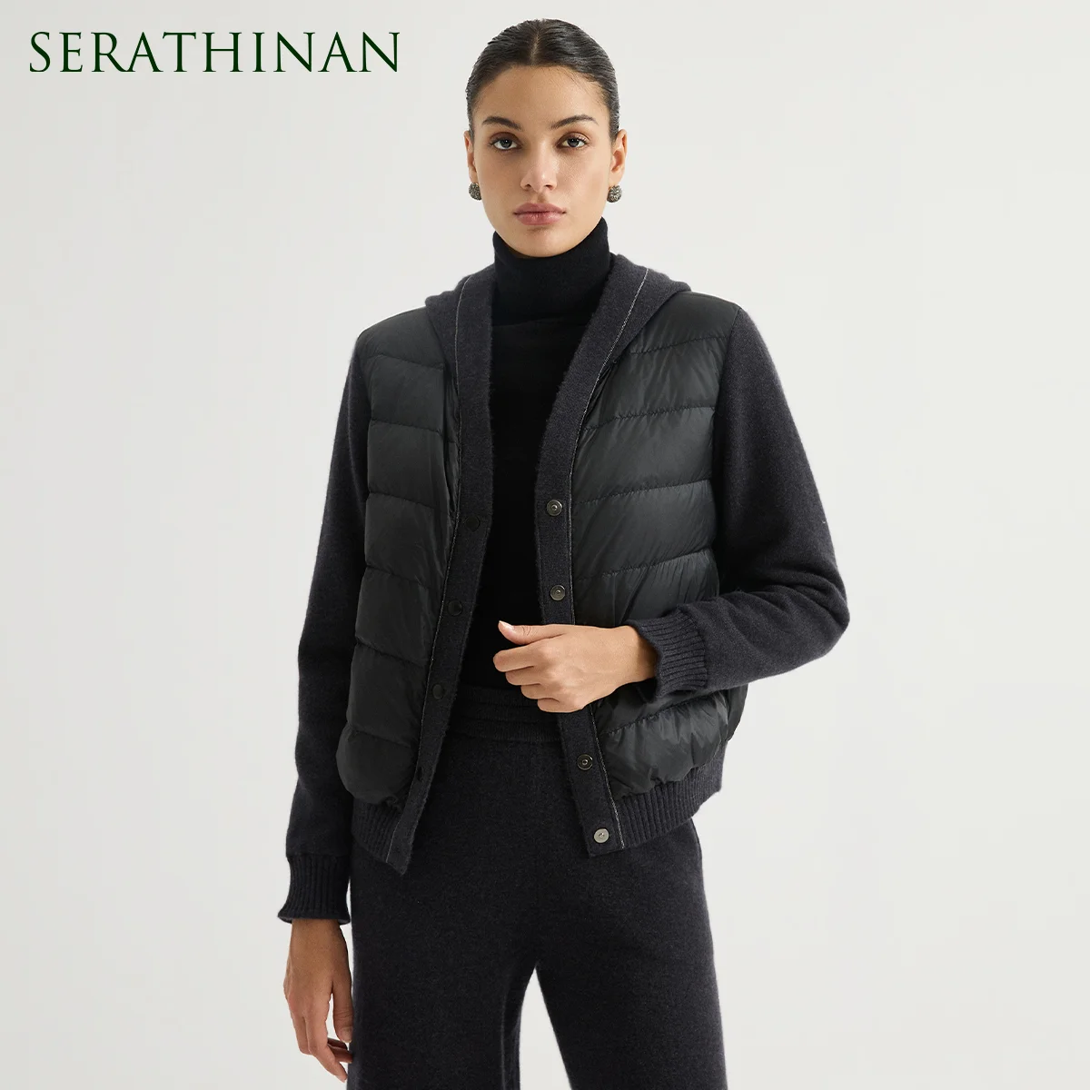 BY3621726 Women's Goose Down Puffer Jacket Hooded Cashmere Knit Sleeve Ribbed Hem Chain Trim Warm Quiet Luxury Old Money Winter