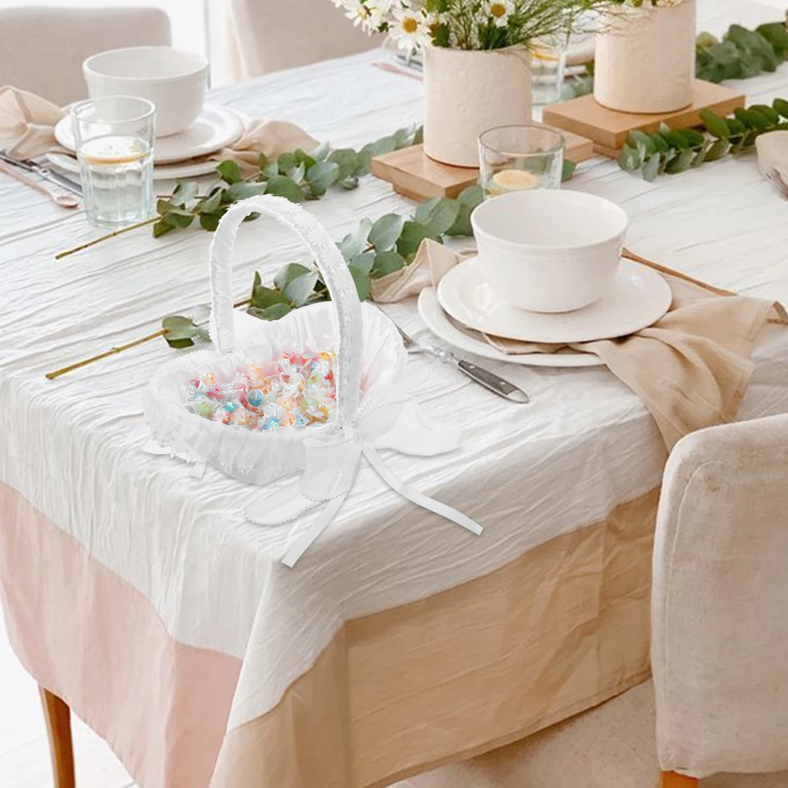 

Small Baskets With Handle: Wedding Flower Girl Basket With Bowknot - Euro-Style Candy Chocolate Fruits Container For Romantic Ce