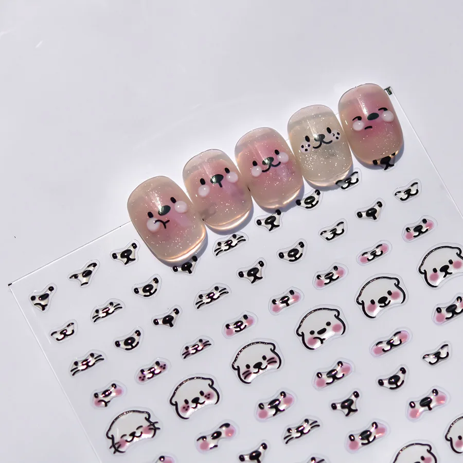 Cute Jelly Otter Graffiti Eyes Nose Mouth Pink Facial Features Happy Lines Reliefs Self Adhesive Nail Art Sticker Manicure Decal