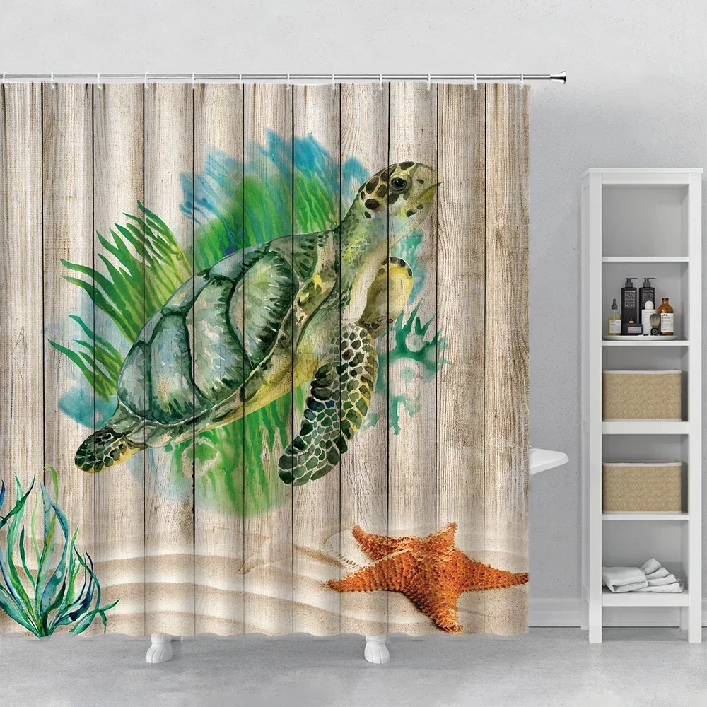 Sea Turtle Shower Curtain Tropical Marine Plants Coral Turtle Underwater World Marine Animal Fabric Bath Curtains Bathroom Decor