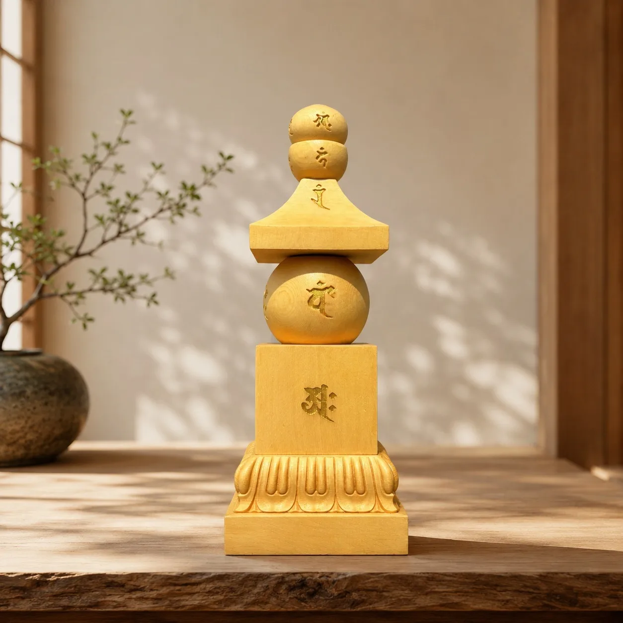 Hinoki Wood Five Element Pagoda Statue for Tantric Vajrayana Ritual Zen Meditation Home Office Desk Traditional Sculpture