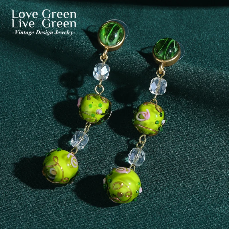 

Vintage Green Glaze Ball Long Hanging Earrings For Woman Drop Gold Color Quality Luxury Designer Jewelry Accessories Engagement