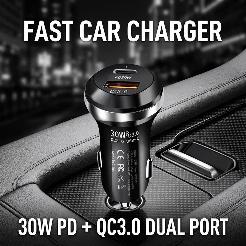 48W Mini Fast Car Charger Dual Port PD 30W USB C and QC 3.0 USB A Fireproof Car Adapter For iPhone 15 Pro For Samsung S24 Ultra