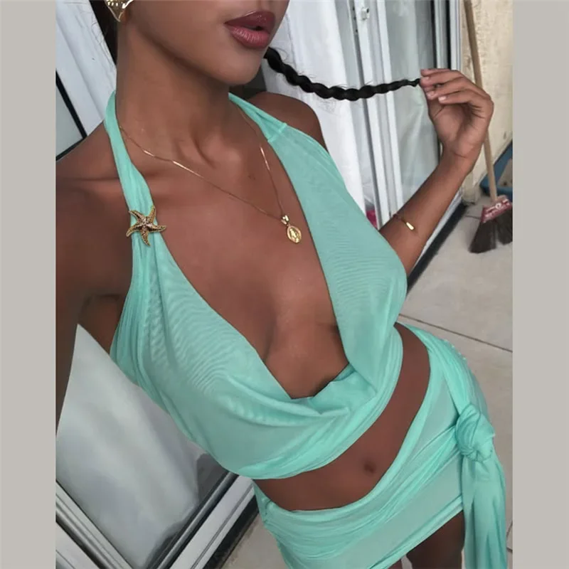 

Mesh Patchwork 2 Piece Set Women Solid Metal Starfish Swinging Collar Halter Backless Tank Crop Tops Lace Up Ribbon Mini Skirts