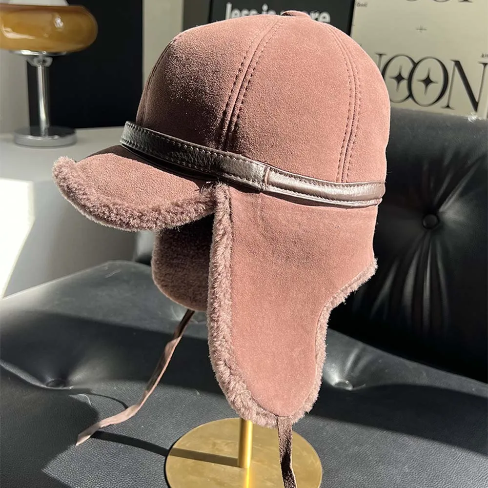 

Unisex High Quality Baseball Hat Winter Leather Hat Women Fur Lamb Wool Warm Thick Earflaps Bomber Hats Men's Baseball Cap Russi