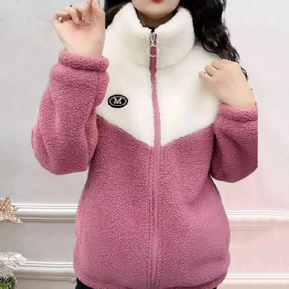 Women Winter Coat Thick Fleece Colorblock Patchwork Stand Collar Zip-up Cardigan Cold-proof Outerwear School Outdoor Jacket