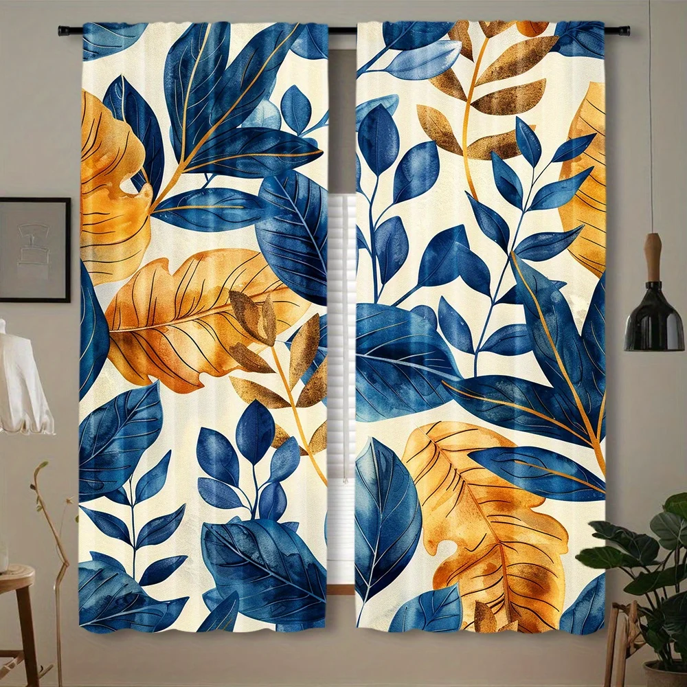 Soft Watercolor Blue Golden Foliage Curtain 2 Panels Oversize Tropical Leaf Cream Inn Room Curtain Fresh Nature Bedroom Home