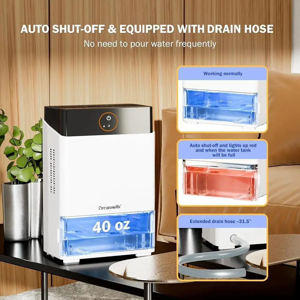 CS71 Small Dehumidifier Compact Quiet Energy Saving with Drain Hose Fragrance 40oz Water Tank Automatic Shutoff Sleep Mode