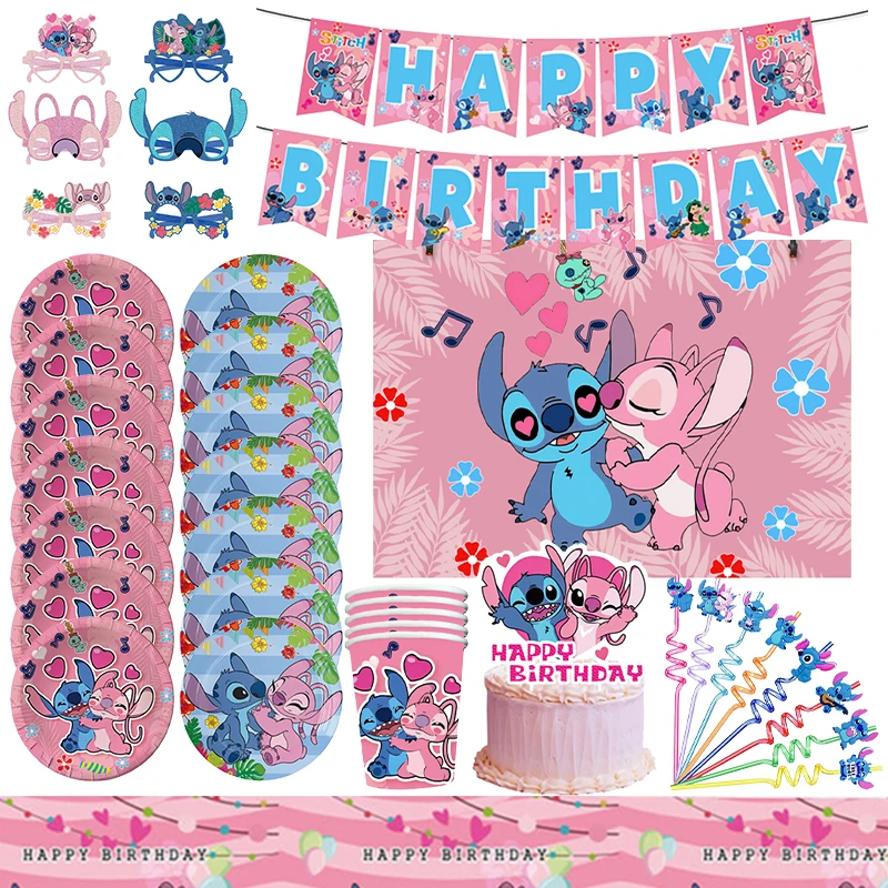 Disney Lilo And Stitch Birthday Decoration Pink Stitch Tableware Set Balloons Tablecloth Paper Cup Plate Backdrop Party Supplies