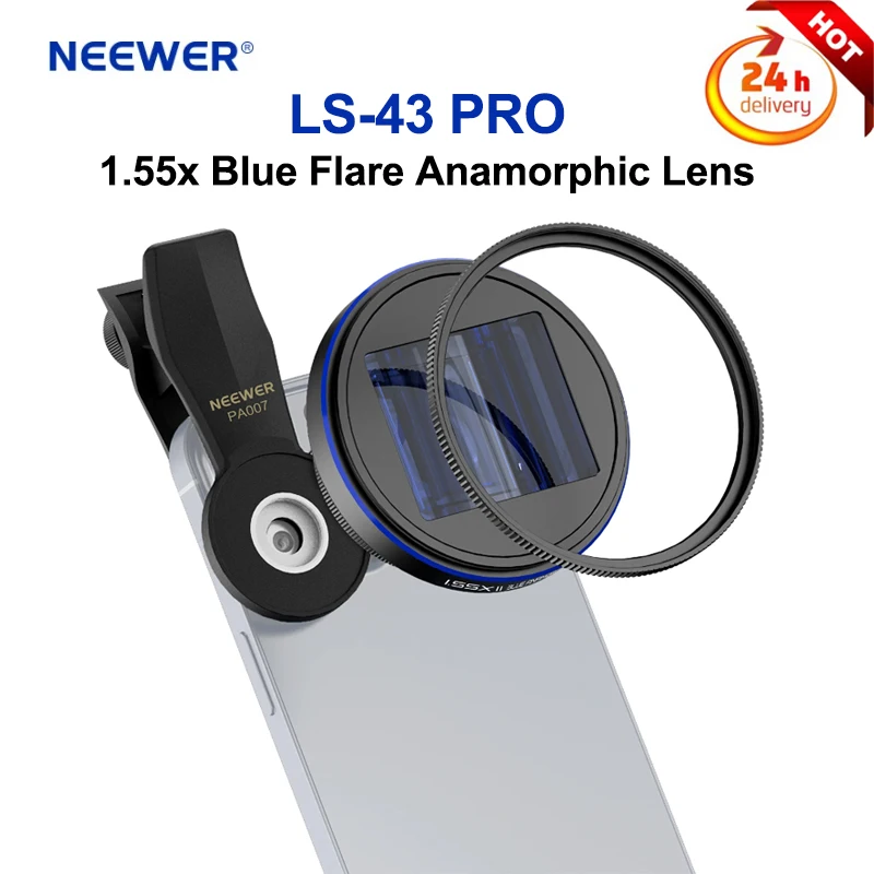 

NEEWER LS-43 PRO 1.55x Blue Flare Anamorphic Lens with 72mm Lens Filter Adapter Ring and 17mm Lens Clamp External Phone Lens