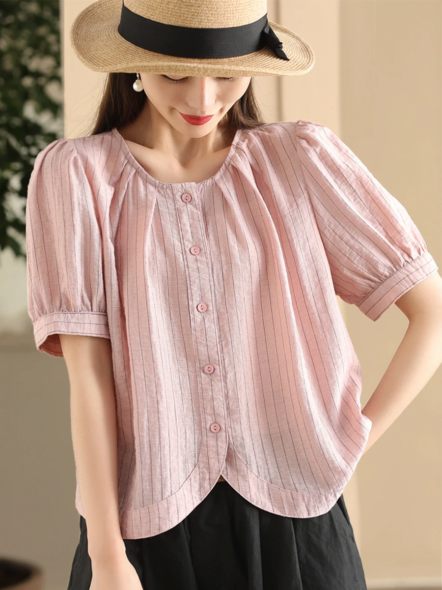 

Women's Artistic Stripe irt Linen Blend round Ne ort Sve High Waist Commute Sle Single Button Open Cardigan Top