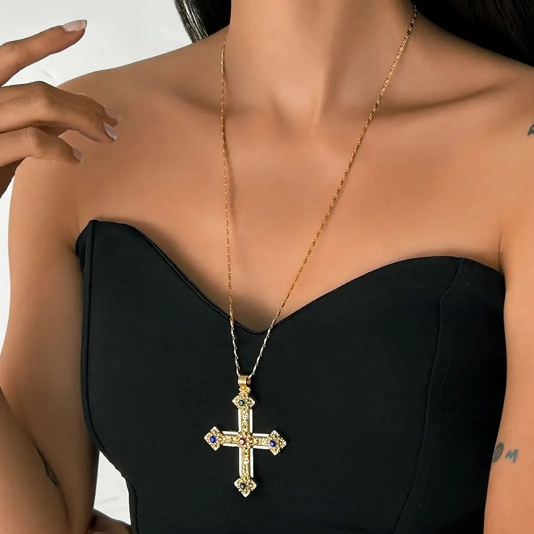 PuRui Vintage Gold Color Fine Long Chain Necklace Women Jesus Cross Pendant Rhinestones Beads Choker 2025 Fashion Neck Jewelry