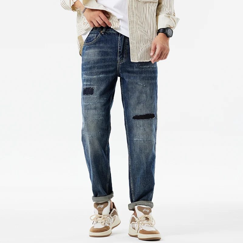 

BGC9693 American style patch holes design sense jeans men ins autumn new tide loose straight trousers