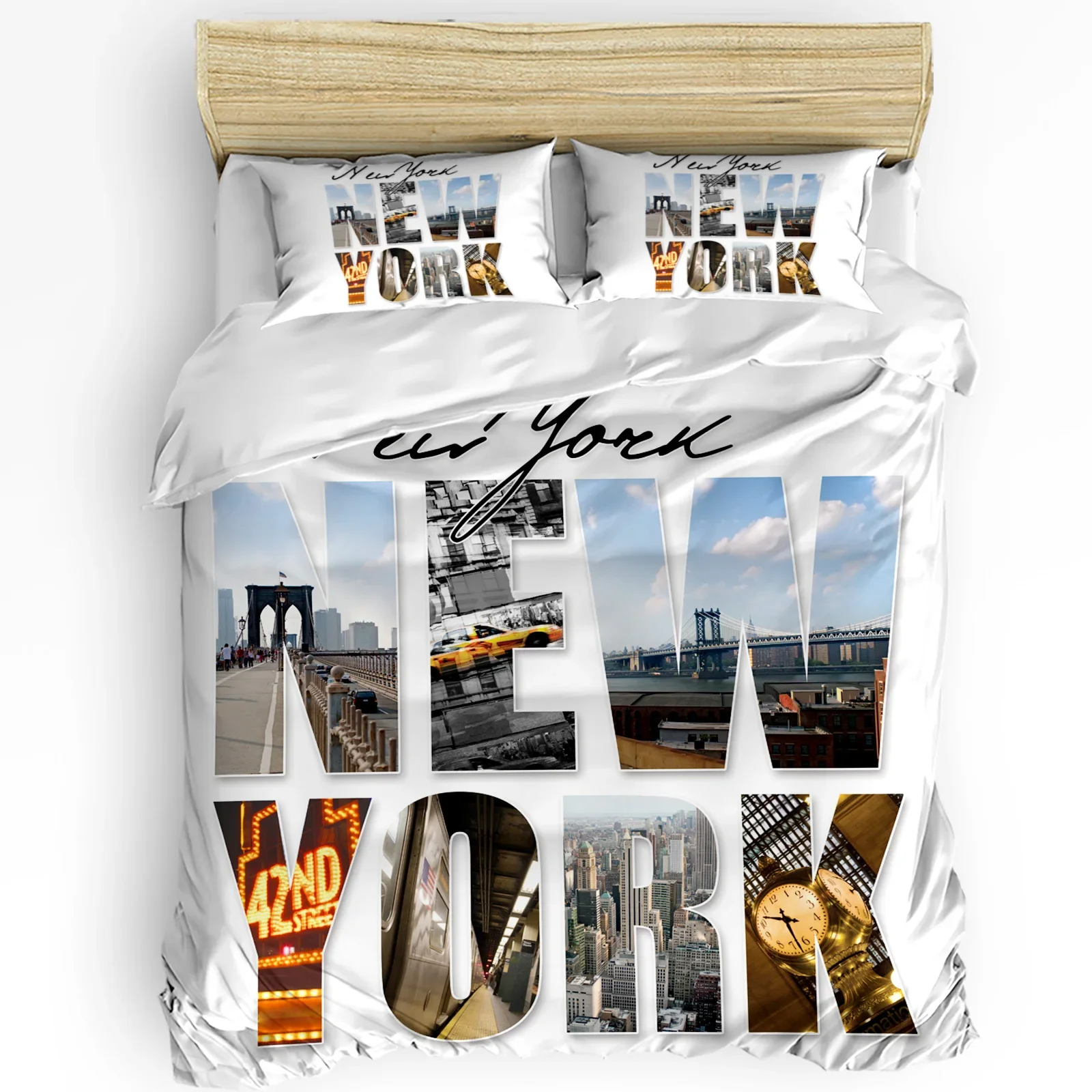 

New York English Text Landscape Duvet Cover with Pillow Case Custom 3pcs Bedding Set Quilt Cover Double Bed Home Textile