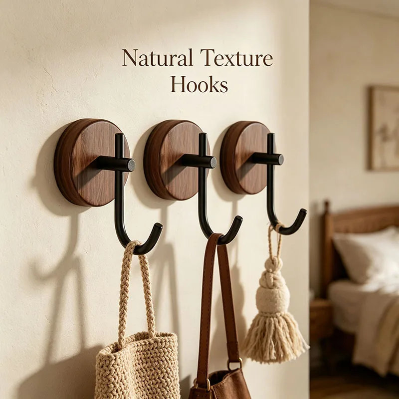 Walnut Wood Hook Strong Adhesive Hook Solid Wood Hook Bathroom Creative Clothes Hook No-Drill Wall Hook for Entrance