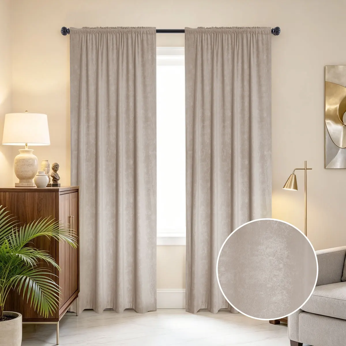 2Pcs Khaki Jacquard Curtains, Modern Minimalist Luxury Style, Rod‑Pocket Thick Blackout Drapes for Living Room Apartment Home De