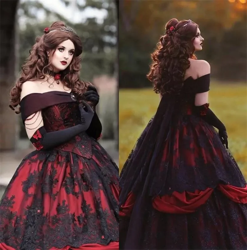 

Graceful Gothic Belle Red black Upscale Fantasy Satin Wedding Dresses Gown Boning Corset Lace Applique Beading Victorian