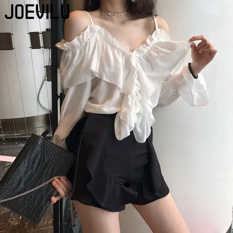 Fairy Chiffon Shirt Korean V Neck Sling Ruffle Flared Sleeve Blouse Women\'s Spring and Summer Off Shlouder Casual Loose Crop Top