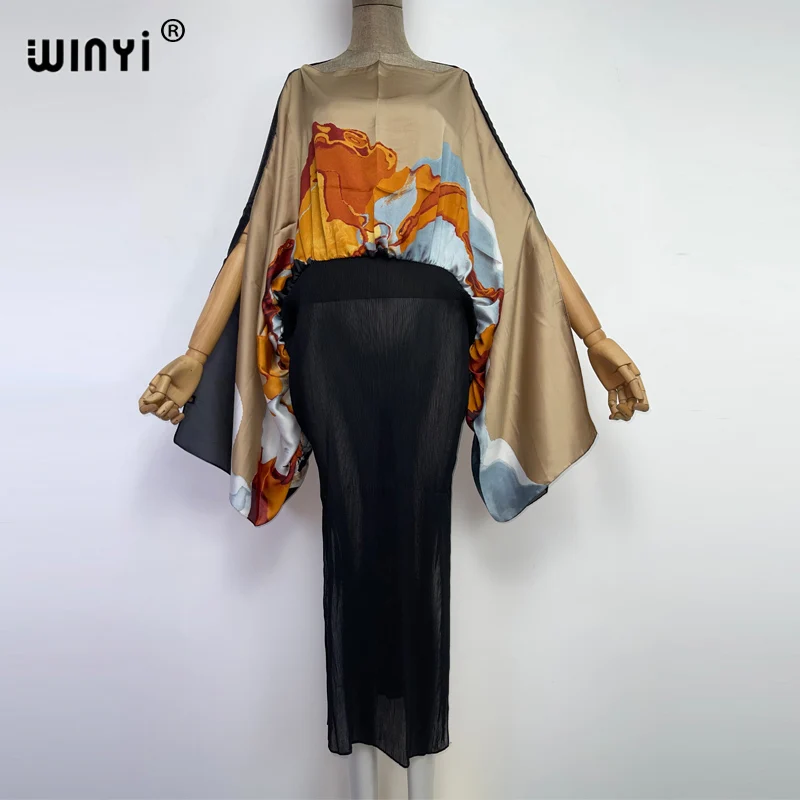 WINYI 2022 Europe Print color blocking caftan For Women Pleated Dress Design Loose Dress Maxi Long Femme Party Elegant Dress