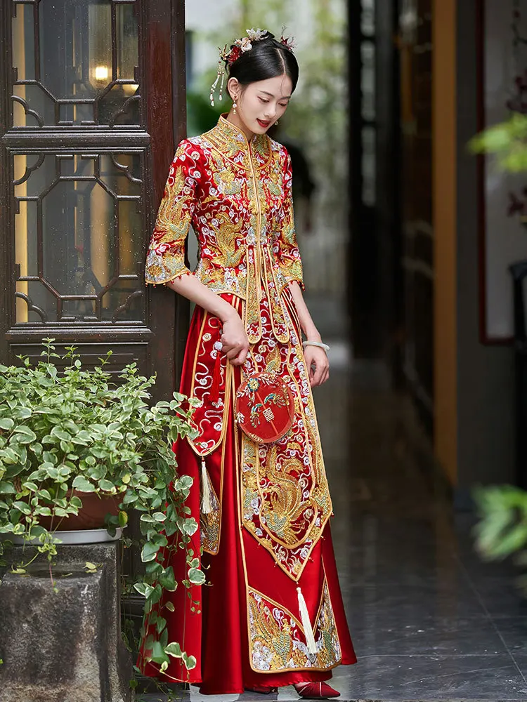 

Bride Toast Gown Cheongsam Chinese Style Wedding Dress Phoenix Embroidered Stand Collar Red Xiuhe Dress