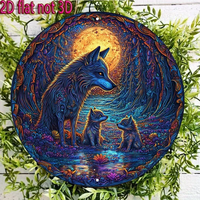 2D Flat, 1pc Moonlight Forest Wolf Pack Metal Wall Art - Blue and Golden Night Wolf, 20.32x20.32cm Round Aluminum Decoration, Su