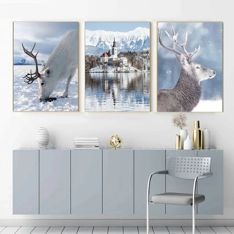 Home Decor Art Canvas Poster Nordic Winter Snow Natural Landscape Painting Lake Mountain Tree Deer Picture Restaurant Decoration