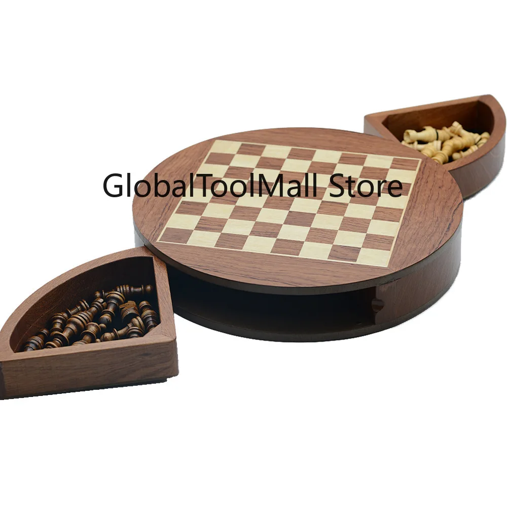 High Quality Magnetic Wooden Chess Set Educational Round Rotatable Drawer Board Game with Leather Pieces for Backgammon Players