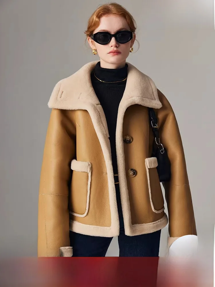 

Молодежные женские меховые пальто из интегрированной кожи и шерстиАвстралийская волнистая кожа Earling Jaet Korean Sle Commute Faion