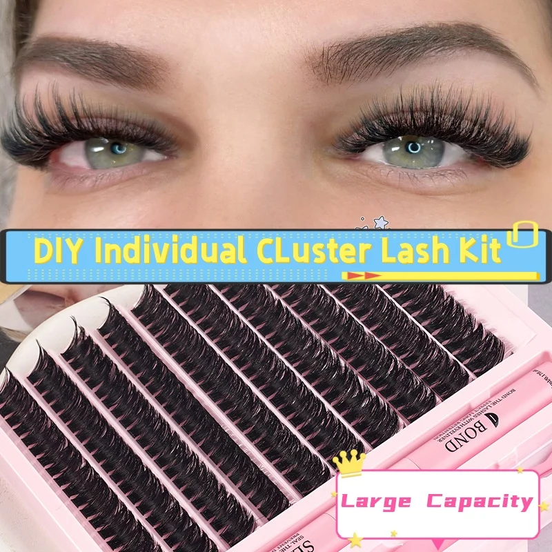MIAOJIE DIY Clusters Lash Kit Full Set 8-16mm Mix Bond&Seal Tweezers Lash for Self Application Makeup Individual Eyelash Extensi