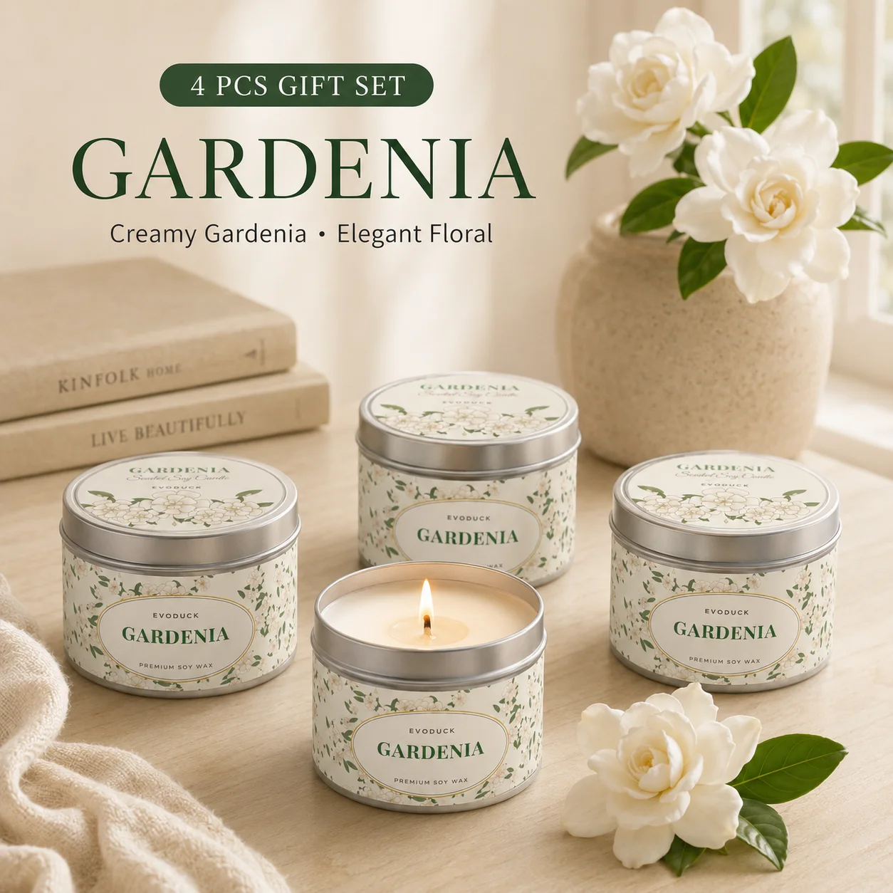 Gardenia Scented Soy Candle 4pcs/2pcs/1pc Silver Travel Tin Candles Clean Floral Fragrance Aromatherapy Candle for Bathroom Spa Home Decoration Wedding Bridesmaid Gift for Women Bride Long Burning White Flower Calming Aroma Relaxation Candle Set