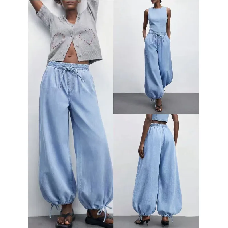 Women 2026 New Washed Denim Pants Elastic Waist Drawstring Joggers Loose Draped Casual Wide Leg Long Trousers