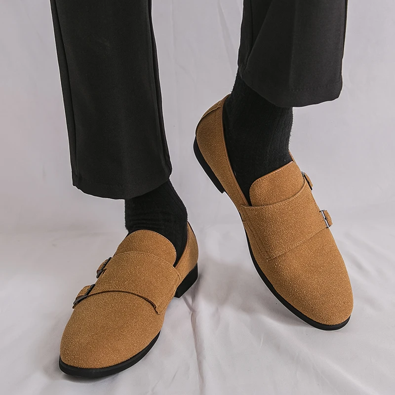 

Men Monk Shoes Solid Color Faux Suede Imitation Low Heel Double Buckle Business Formal Loafers Size 38-46