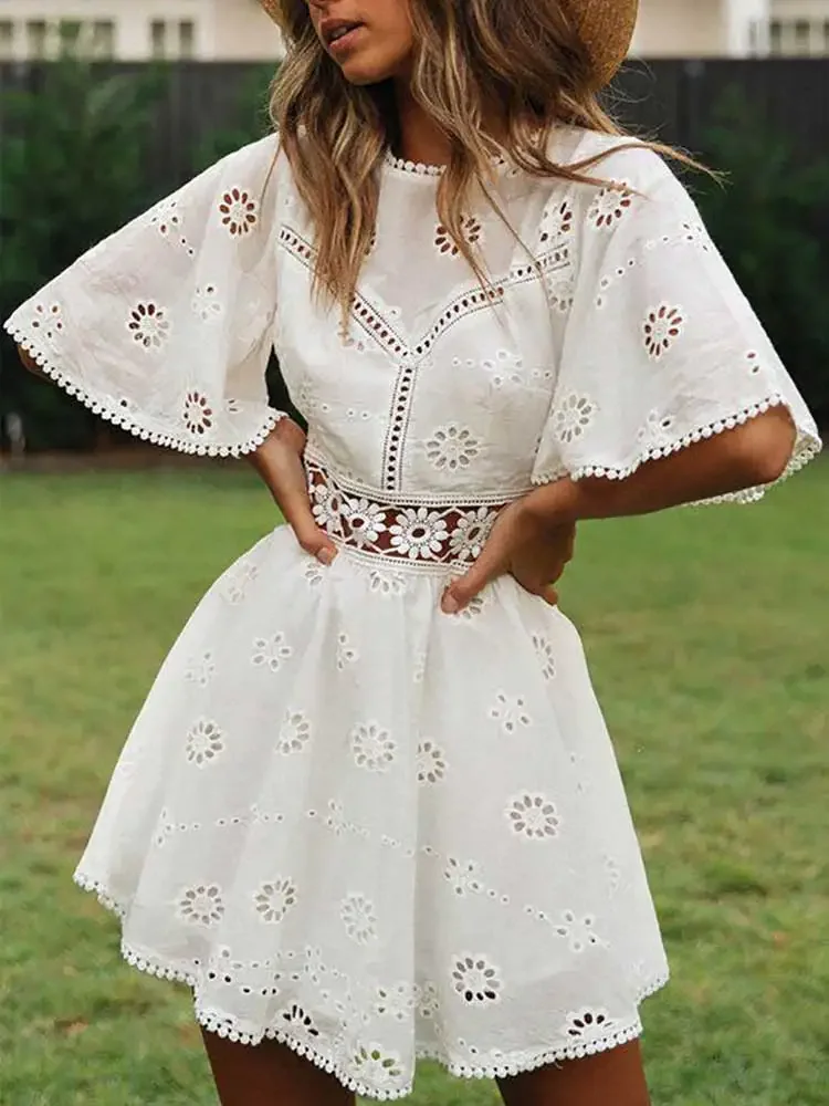 WildPinky Flare Sleeve Cotton White Lace Dress Women Casual Ladies Summer High Waist Short Dress Backless Hollow Out Vestidos