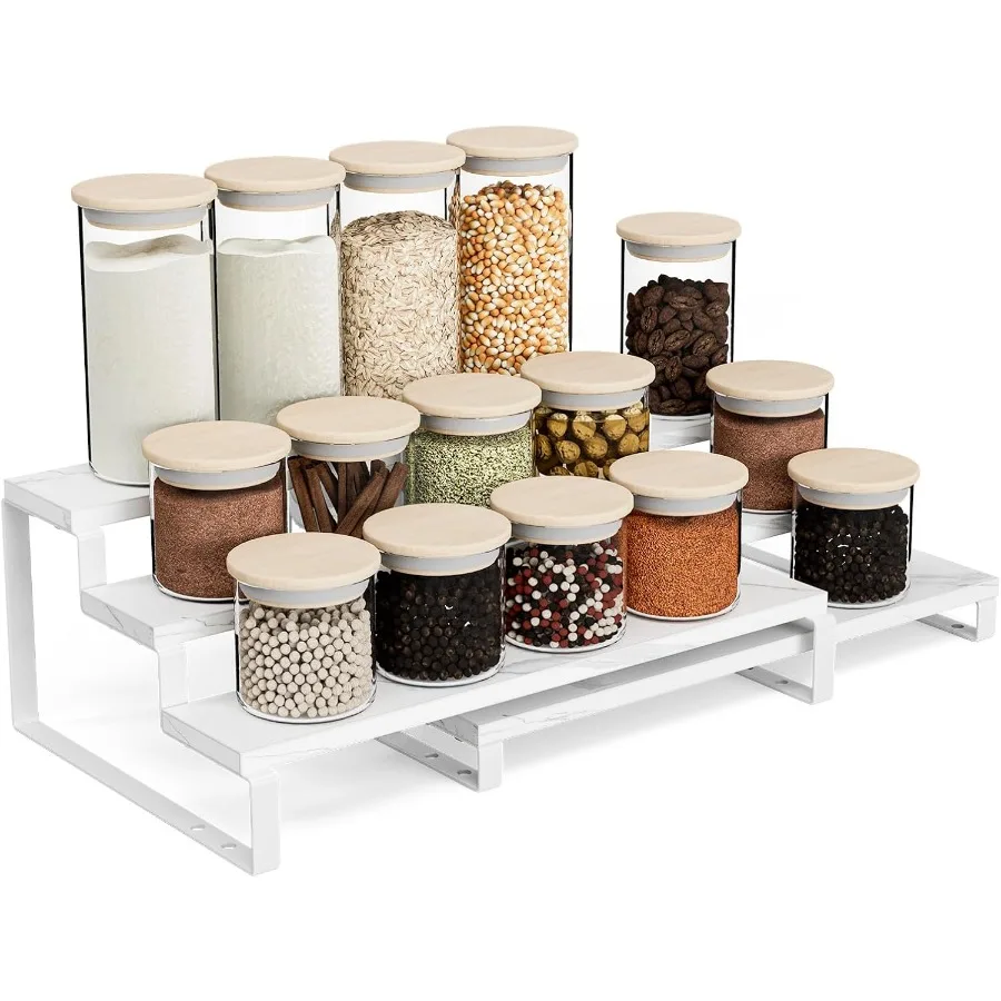 

3 Tier Spice Rack Organizers 11.8 Inches Expandable Cabinet Organizers for Kitchen Organization Marble White Wood and Metal Tie