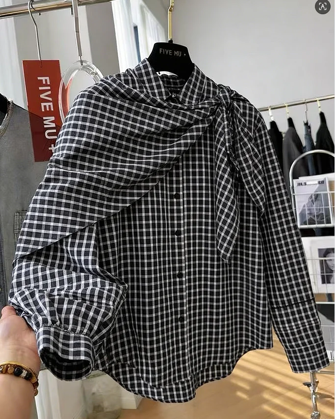 

Sweet Fresh Plaid Shirt Scarf Women's Cross-Border Image Color Brand Long Sleeve Polyester Regular Fit Shirt Elegant Lady Style