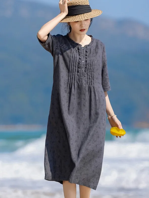 تنورة Ele A-Line Midi Dr Summer 2025 من القطن والكتان مطبوعة Gored Ne تنورة تنحيف ort Sve للسيدات عتيقة